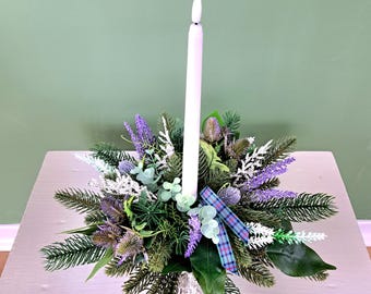 Scottish Candle Centerpiece - faux flower arrangement with led candle