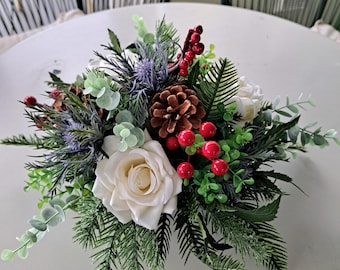 Christmas posy centerpiece roses, thistles, berries, cones - faux flower arrangement
