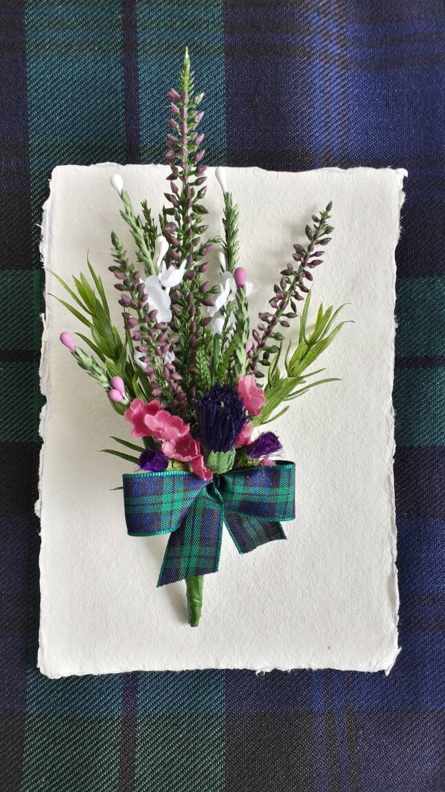 Scottish thistle & heather buttonhole plain or tartan ribbon Etsy