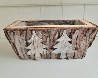 Wooden bark Christmas tree planter - rustic box plant pot