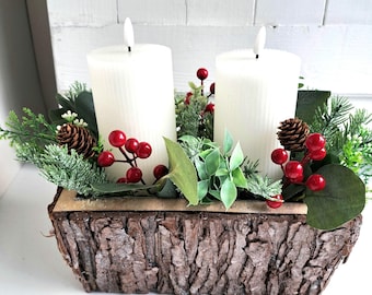 Rustic Christmas arrangement faux foliage, bark planter and chunky led candles