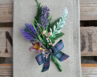 Scottish Thistle Buttonhole, Heather Lavender Tartan Boutonniere