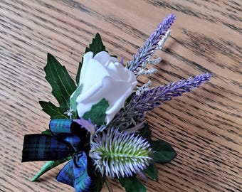 Faux Scottish thistle and rose corsage cake spray