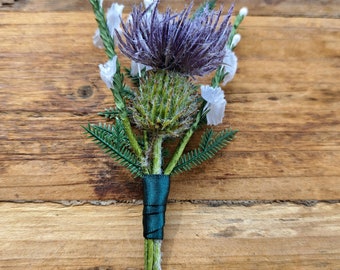 Scottish thistle & white heather buttonhole artificial