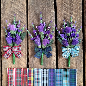 Thistle and heather buttonhole/bouttonniere/corsage - artificial flowers with choice of tartans