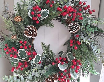 Holly Berry Cone and Eucalyptus wreath - faux Christmas door hanger wreath