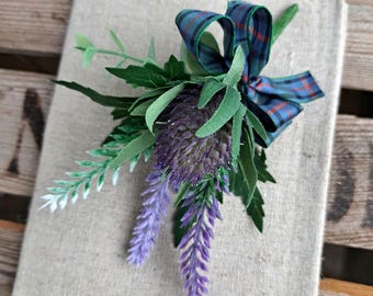 Scottish Thistle Buttonhole – Heather Boutonniere with Tartan Ribbon