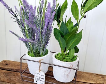Faux lavender and bay leaf rustic pot duo