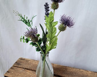 Thistle and heather bud vase arrangement - Scottish artificial flowers in a mini bottle