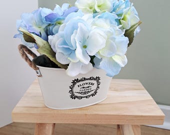 Blue Hydrangea Floral Arrangement – Rustic Metal Pot Centerpiece – Faux Flowers Home Decor