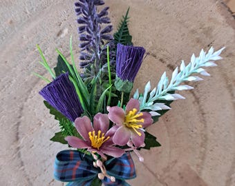 Scottish Thistle Buttonhole, Heather Lavender Tartan Boutonniere
