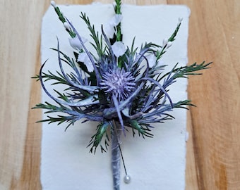 Blue thistle and white heather buttonhole or corsage - artificial seaholly flower
