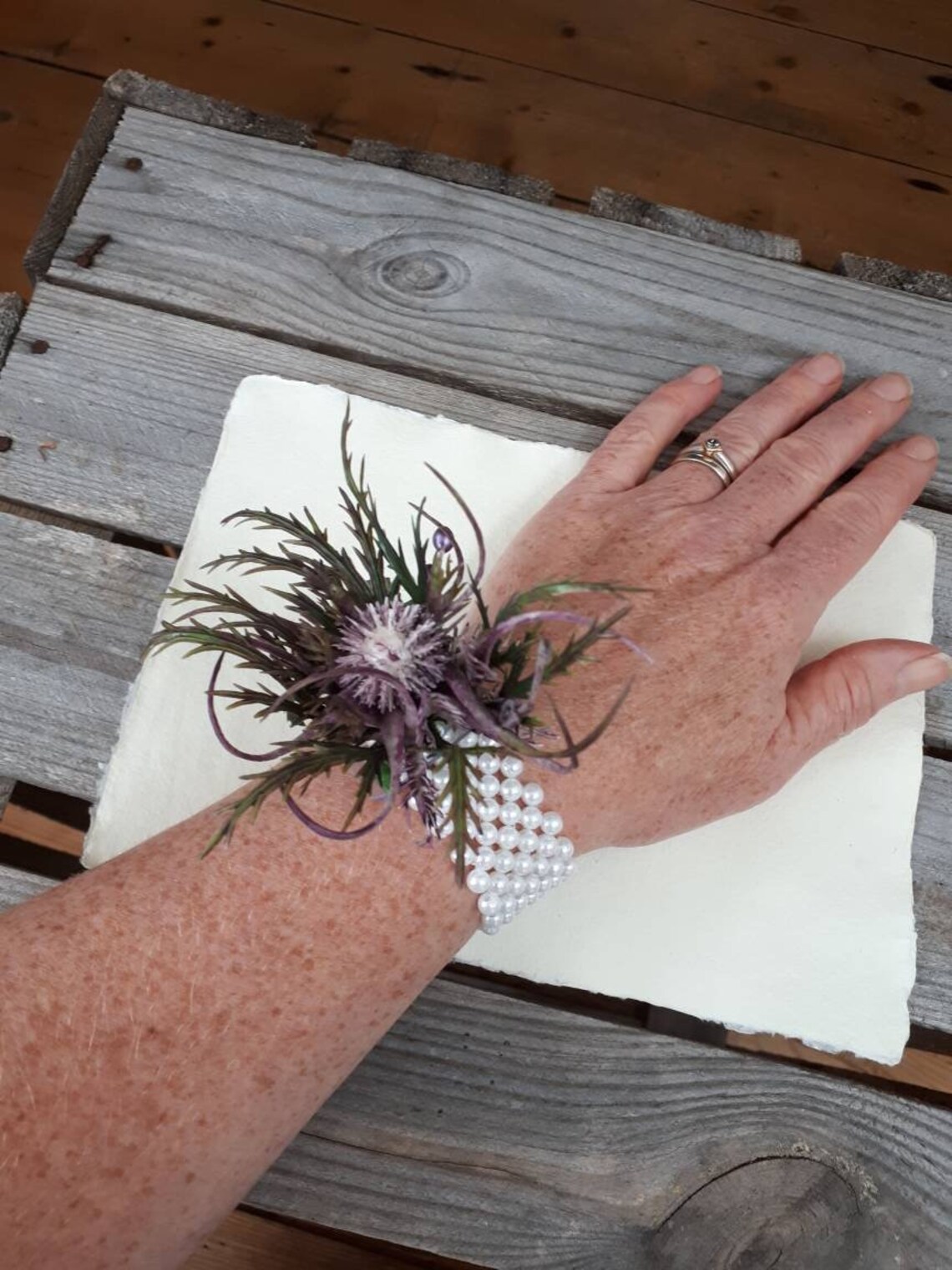 Seaholly Thistle Faux Flower Wrist Corsage on Pearl Bracelet Etsy