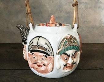 Antique Japanese Banko Ware Teapot, Lucky Gods faces, Meiji Period (1867-1911) teapot, Antique Meijii teapot, Antique Japanese Banko ware