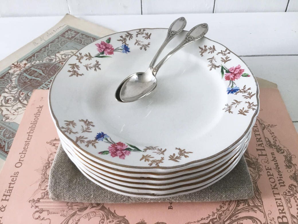 Anciennes Assiettes Dessert, 6 Anciennes Fromage, Françaises Vintage, Décor Fleurs Peint Main, Decor