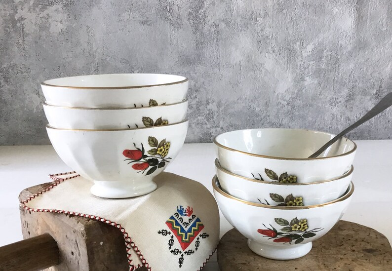 Bol café au lait faience, 6 bols petit déjeuner français, bol campagne