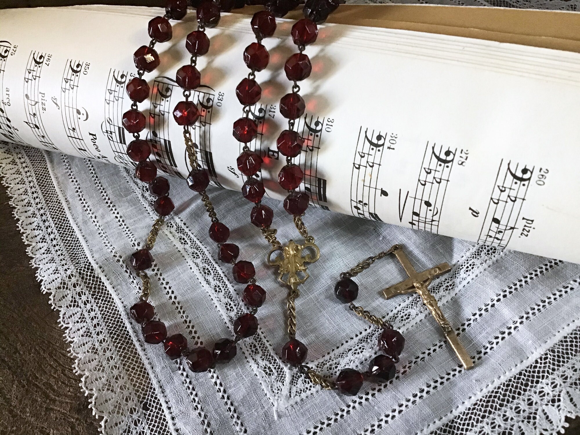 Chapelet Ancien Français 1900, Perle Grenat, Crucifix Bronze, Collection Religieuse, Rosaire Grenats