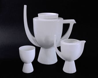 Porzellan-Kaffee-Set, 6 Stück JL Coquet Soleil, 1960er französischer Limoges-Porzellan-Kaffeekanne, Mid Century Mod, Vintage Limoges-Porzellan