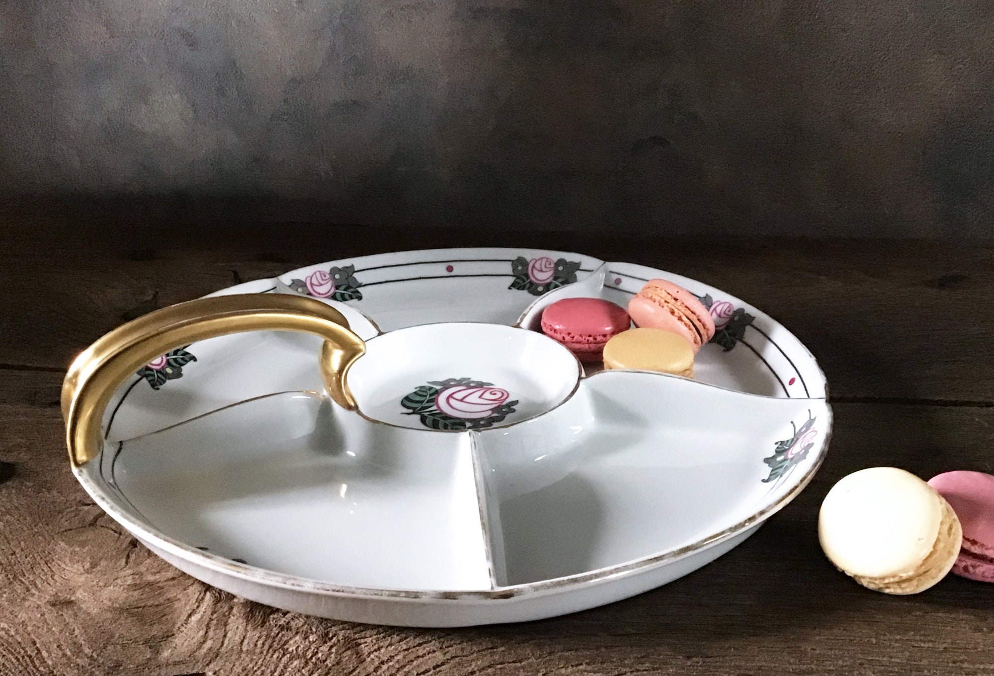 Plateau Aperitif Porcelaine, Assiette Uc Limoges, Art Deco, Plateau de Service Divisé, à Compartimen