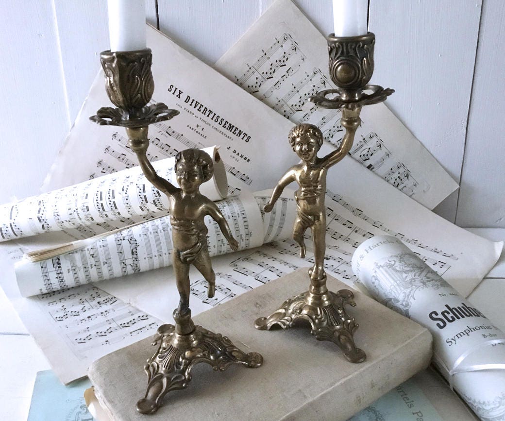 Bougeoir Laiton Doré, 2 Bougeoirs Vintages Chandeliers Chérubin Vintage Français, Chandelier de Chem