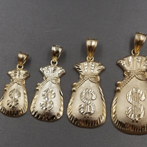 Ciondolo a forma di sacchetto porta soldi con simbolo del dollaro in oro giallo massiccio 10K, taglio diamante. 5 misure.