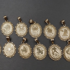 10K Solid Yellow Gold 1.1" Oval Shape Zodiac Charm Pendant.