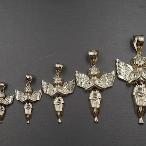 10K Solid Yellow Gold Diamond Cut Praying Angel Charm Pendant. Women Men Children