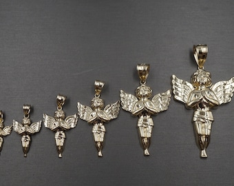 10K Solid Yellow Gold Diamond Cut Praying Angel Charm Pendant. Women Men Children