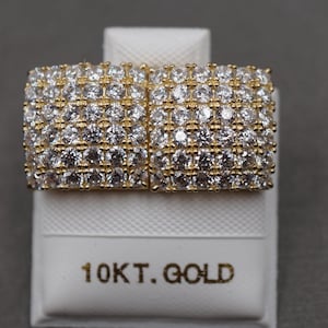 10K Solid Yellow Gold 12.5MM Iced CZ Square Stud Earring.