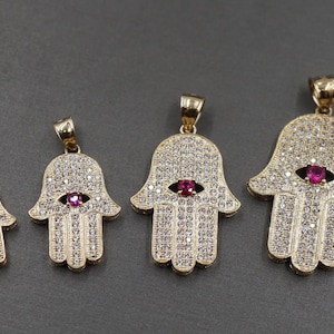 10K Solid Yellow Gold Iced CZ Fatima Hamsa Hand Good Luck Lucky Charm Pendant. 4 Sizes
