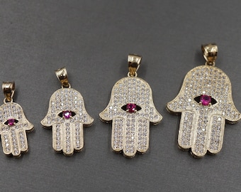 10K Gold Iced CZ Hamsa Hand Pendant - Good Luck Charm