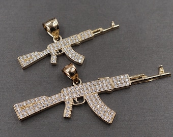 10K Solid Yellow Gold AK-47 Gun Riffle Iced CZ Charm Pendant. 3