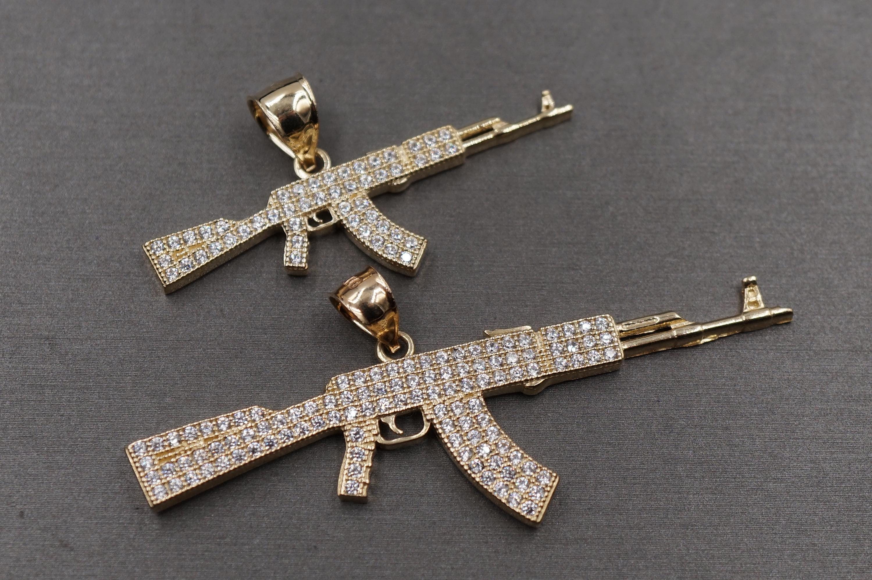 10K Solid Yellow Gold AK-47 Gun Riffle Iced CZ Charm Pendant. 3