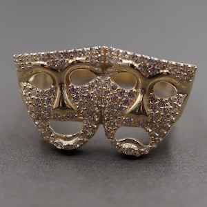 10K Solid Yellow Gold Iced CZ Smile Now And Cry Later Comedy Two Face Happy Sad Band Ring.