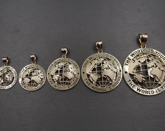 10K Solid Yellow Gold Diamond Cut Round WORLD IS YOURS Charm Pendant. 5 Sizes