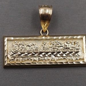 10K Solid Yellow Gold Rectangle Diamond Cut Last Supper Charm Pendant.