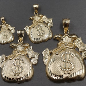 Ciondolo a forma di borsa porta soldi con simbolo del dollaro, in oro giallo massiccio 10 carati, taglio diamante. 4 misure per uomo, donna, bambino.