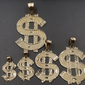 10K Solid Yellow Gold Diamond Cut Flat Dollar Sign Money Charm Pendant. 5 Sizes