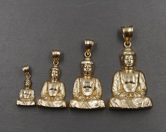 10K Solid Yellow Gold Diamond Cut Buddha Charm Pendant. 4 Sizes