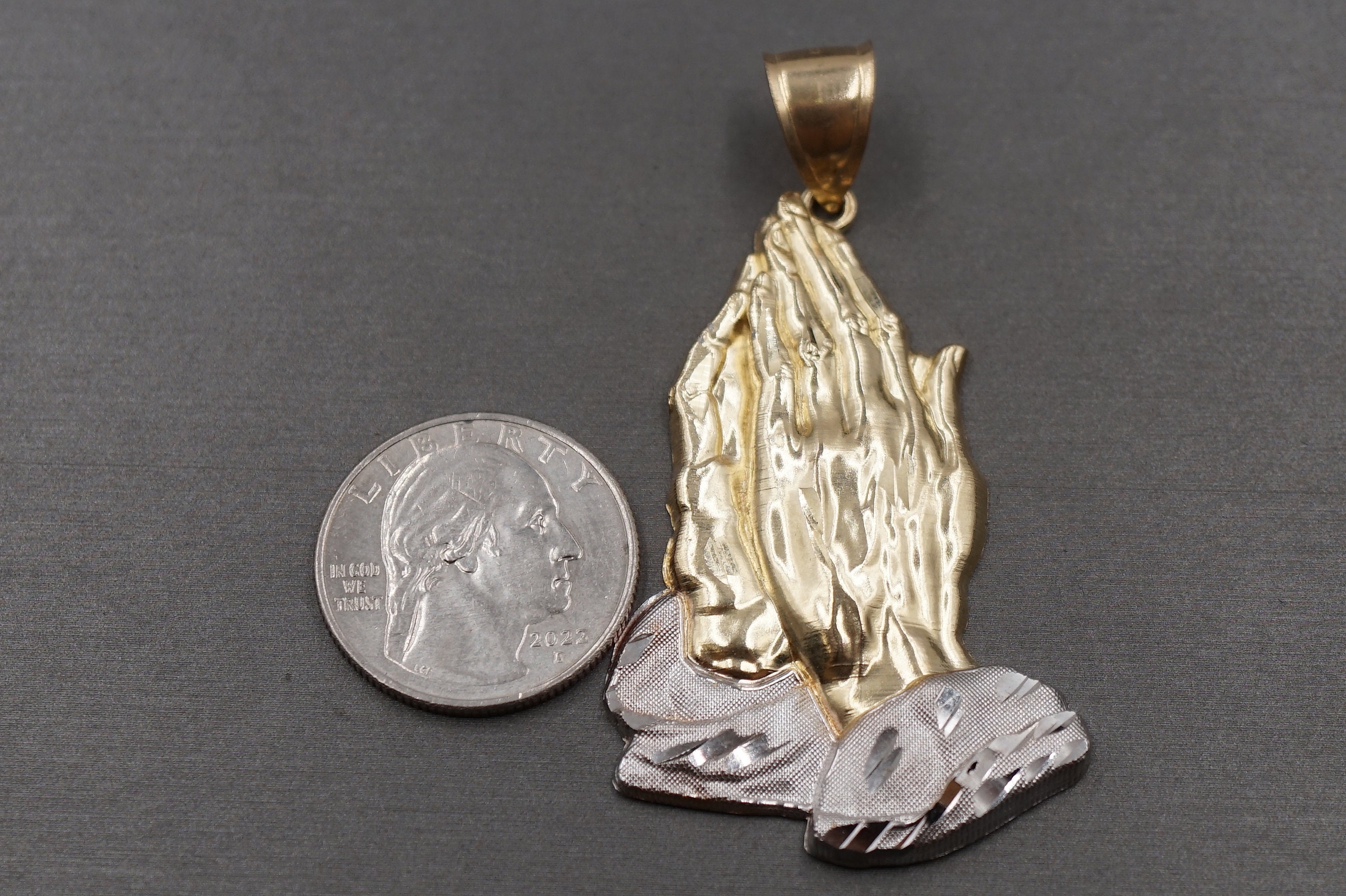 Ciondolo Con Mani In Preghiera In Vero Oro Giallo 10k Con Taglio A - Foto 3