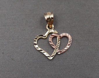 10K Solid Yellow Gold 0.8" Diamond Cut Two Tone Double Heart Charm Pendant.