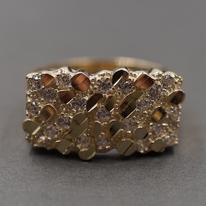 10K Solid Yellow Gold 13MM Rectangle Diamond Cut Nugget CZ Band Ring.