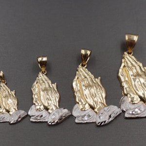 10K Solid Yellow Gold 1.2&quot; , 1.5&quot; , 1.9&quot; ,  2.2&quot; , 2.6&quot;  Diamond Cut Two Tone Praying Hand Charm Pendant. Men Women Children 5 Sizes