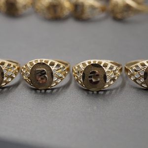 10K Solid Yellow Gold Oval Shape Diamond Cut Initial Letter Alphabet Band Ring.
