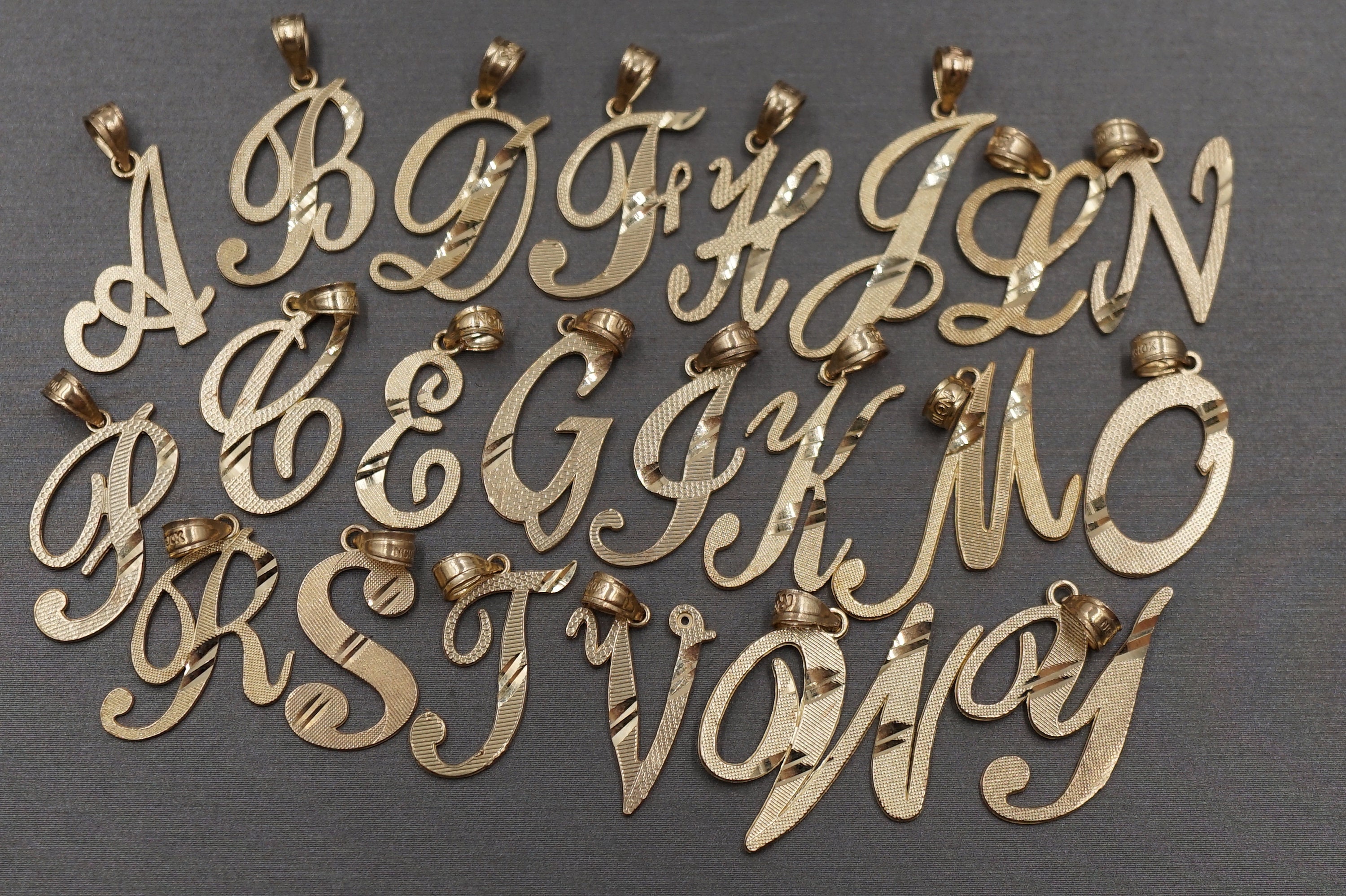 10K Solid Yellow Gold 1" Diamond Cut Shine Initial Letter Alphabet Cursive Charm Pendant. Women Men Children Kid