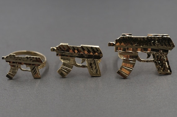 10K Solid Yellow Gold Diamond Cut UZI Gun Band Ring. 3 Sizes