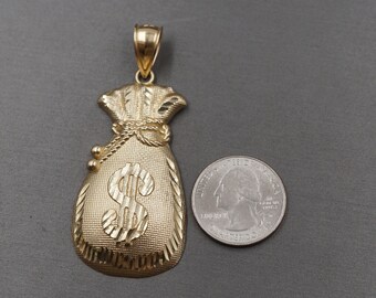 10K Solid Yellow Gold Diamond Cut Dollar Sign Money Bag Charm