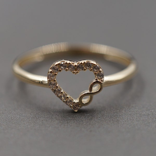 10K Solid Yellow Gold 8MM Dainty CZ Heart With Infinity Band Ring.