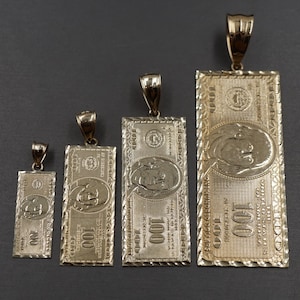 10K Solid Yellow Gold Diamond Cut One Hundred Dollar Money Bill Charm Pendant. 4 Sizes