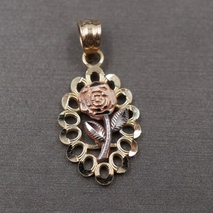 10K Solid Yellow Gold 0.85&quot; Diamond Cut Tri Color Flower Charm Pendant.